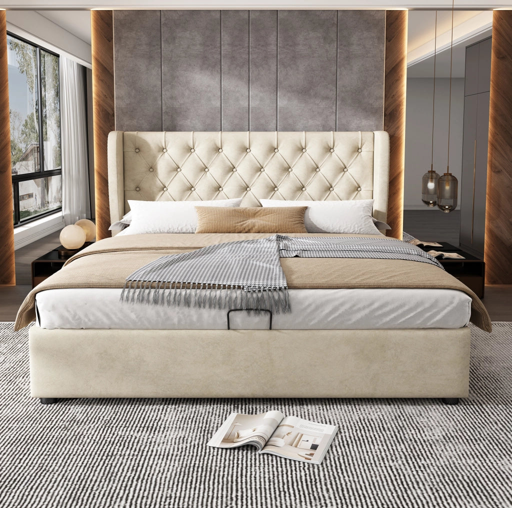 Letto matrimoniale imbottito stile Chesterfield 180x200 cm in velluto beige con contenitore