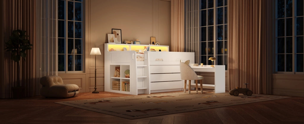 Letto a soppalco basso 90 × 200 cm con 3 cassetti, scrivania mobile, ripiani e LED, senza materasso, bianco