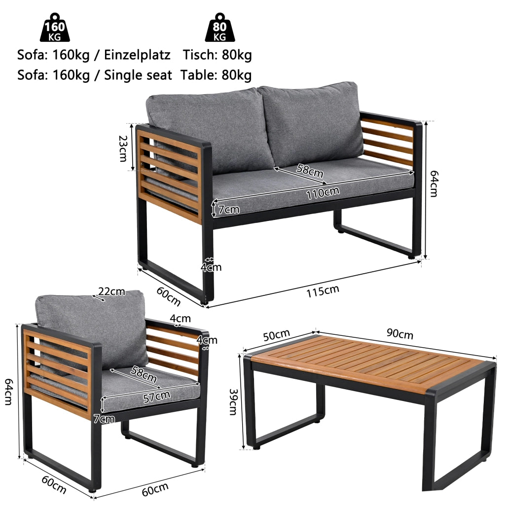 Set Salotto da Giardino 4 Pezzi con Divano, Sedie e Tavolo ¨C MINIMAL ¨C Grigio, Acciaio, Braccioli in Legno