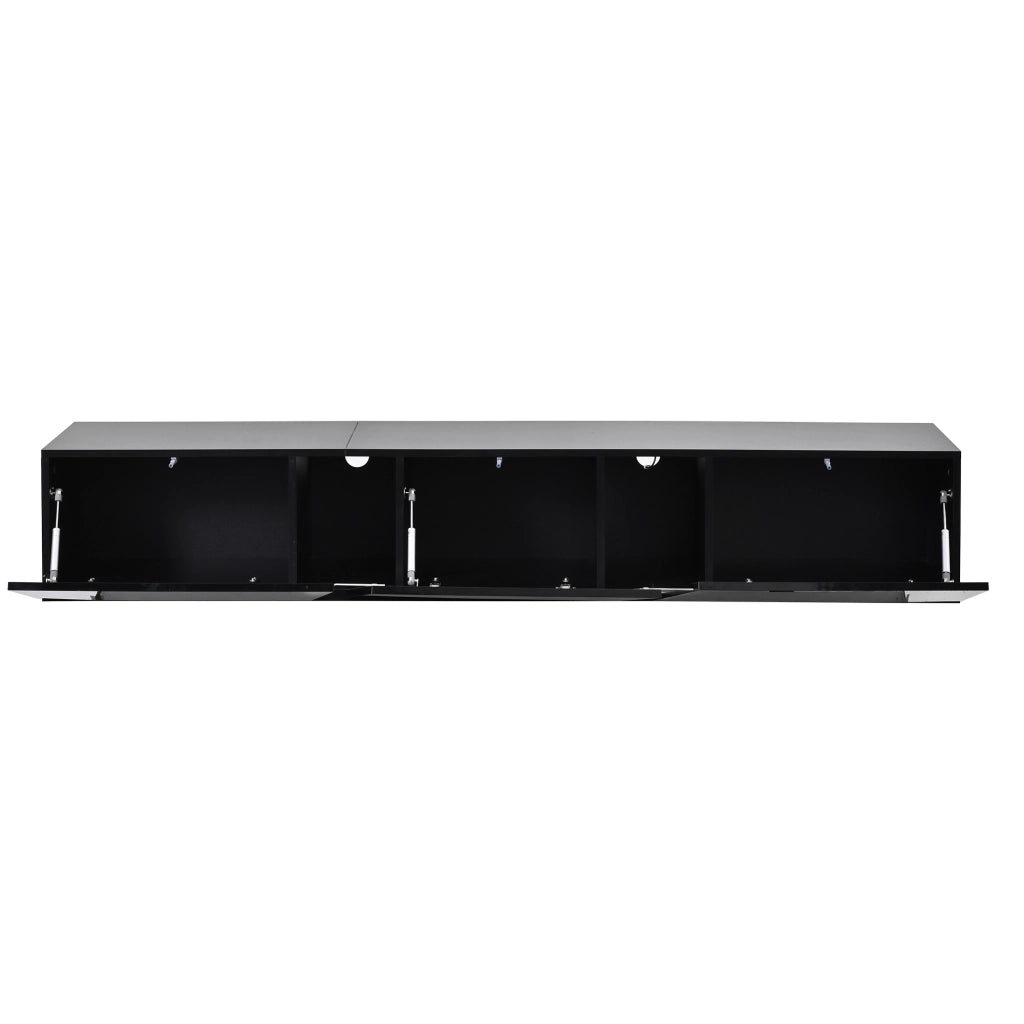 Mobile TV sospeso da parete 180 x 35 x 30 cm, nero lucido, con luci LED controllate da APP, 3 ante abbattibili, per TV fino a 75 pollici