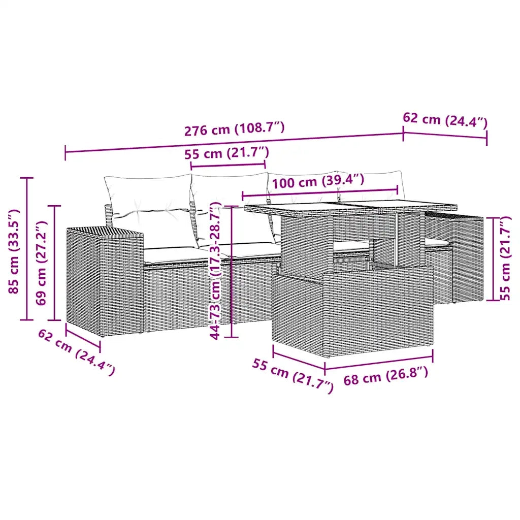 Set Divano da Giardino 5pz con Cuscini Grigio Chiaro Polyrattan