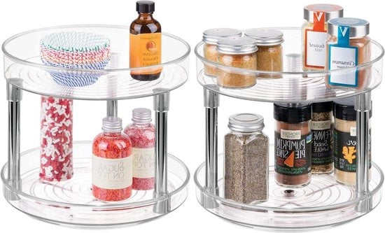 Kruidenrek a rotazione per cucina e bagno - cassettone per erbe, spezie e contenitori - piatto rotante a 2 livelli con Lazy Susan - set da 2 - trasparente e argento.