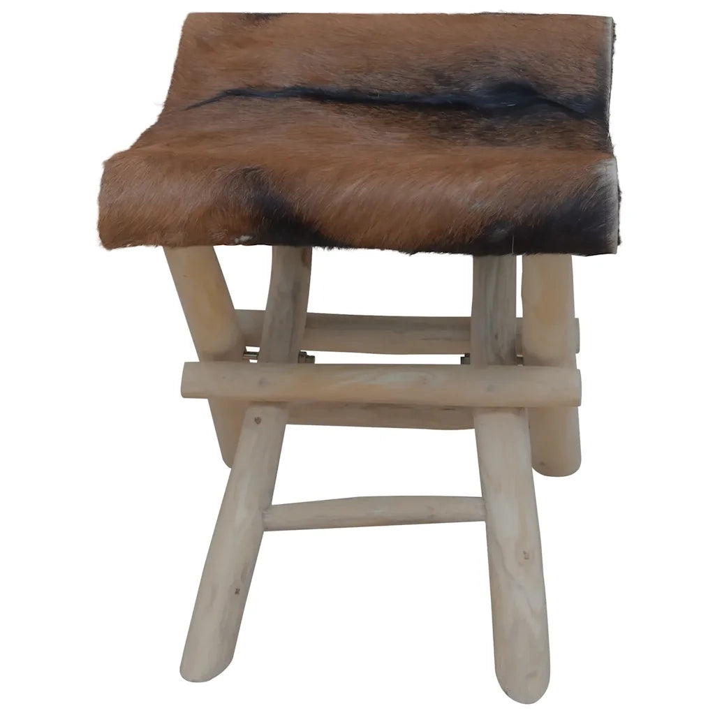 Sgabello Pieghevole in Pelle di Capra e Legno di Teak 288815