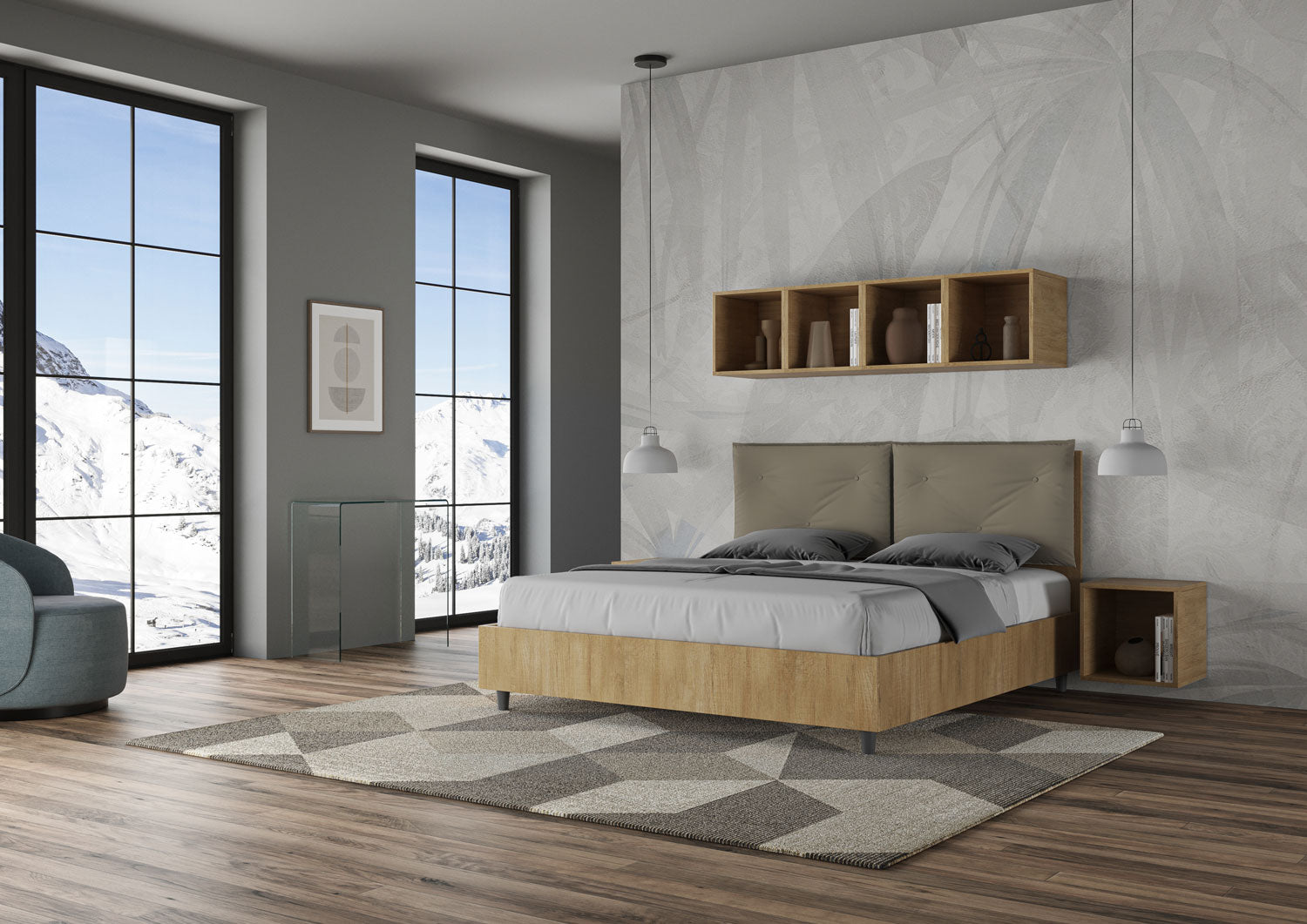 Letto Matrimoniale 160x190 cm Senza Rete Struttura Quercia con Cuscini in Similpelle Egos Appia Cappuccino