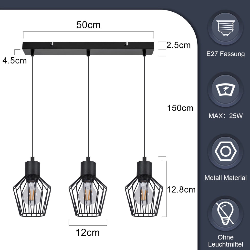 Lampada a sospensione ZMH industriale in metallo nero a 3 fiamme LED E27 in metallo