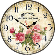 Orologio da Parete in Legno 20cm Silenzioso, non Vibrante, con Batterie, Stile Retro Francese con Motivo di Fiori (Rose Rosse)