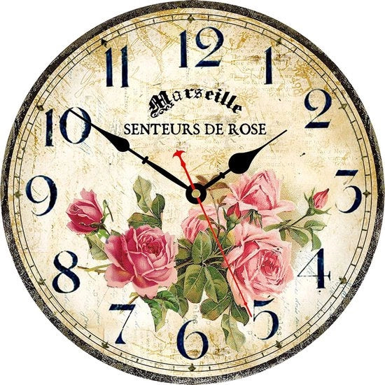 Orologio da Parete in Legno 20cm Silenzioso, non Vibrante, con Batterie, Stile Retro Francese con Motivo di Fiori (Rose Rosse)