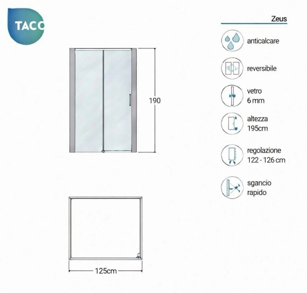 Box doccia a nicchia 125 cm porta scorrevole apertura laterale H190 cm ZEUS - Cromato Lucido