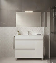 Mobile Bagno FENRIR Già Montato 2 cassetti e porta con piedini, lavabo e specchio Bianco lucido 60x35 cm