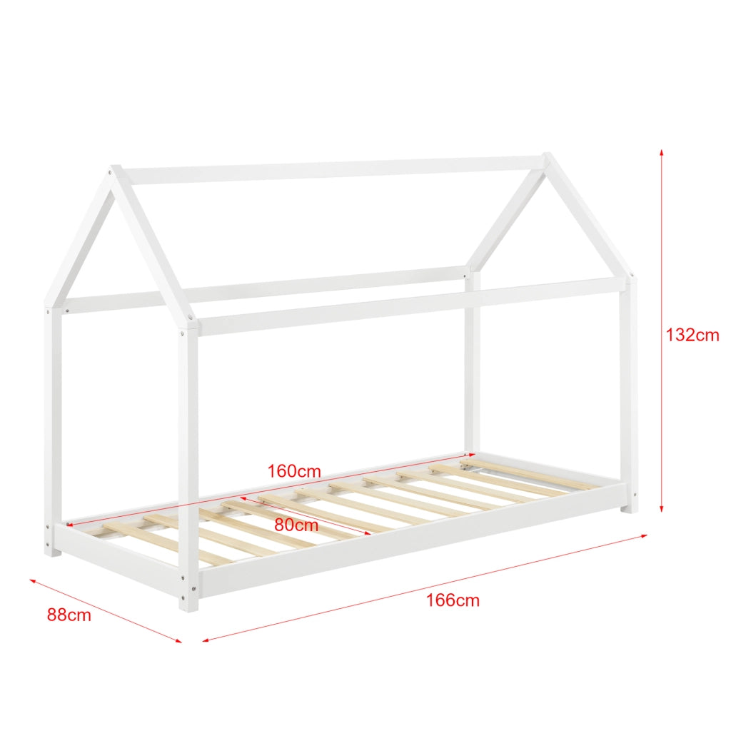 Letto per Bambino a Forma di Casetta con Materasso Ipoallergenico a Schiuma Fredda 80x160 cm Struttura in Legno in Stile Montessori - Bianco