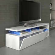 Mobile porta TV Amiuty, Credenza per televisione da soggiorno con 1 anta, Supporto TV con luce led, Buffet da salotto, cm 150x41h50, Bianco lucido