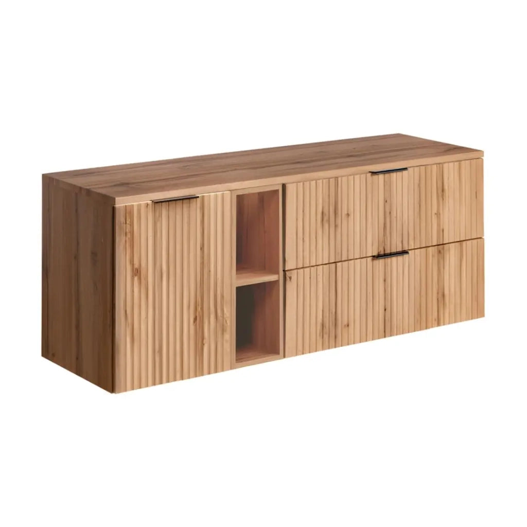 Set da bagno NOXERA 140 cm – Rovere wotan – piano per lavabo con nicchie e cesto della biancheria