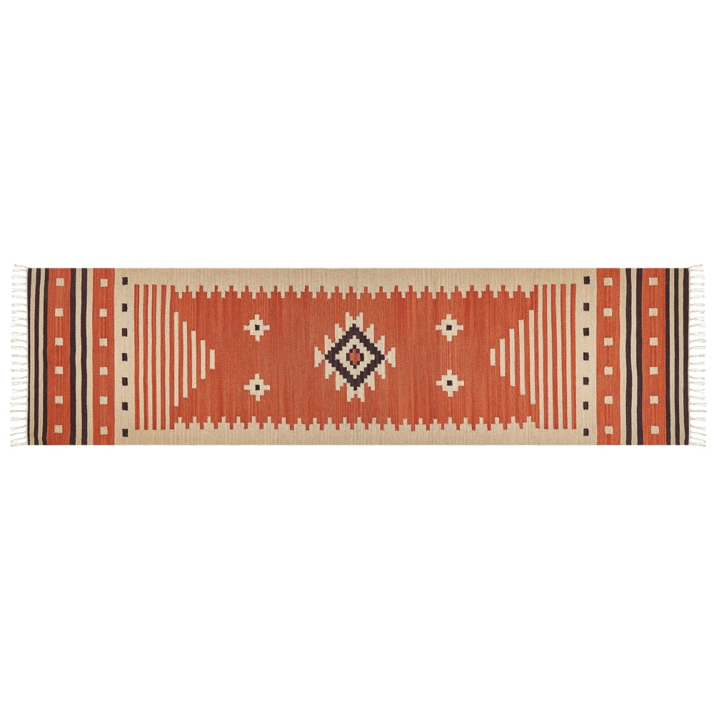 Tappeto Kilim in cotone multicolore 80 x 300 cm con motivo geometrico reversibile e frange Rettangolare Tradizionale