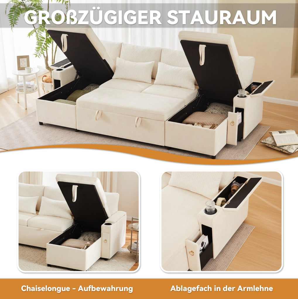 Divano letto modulare a U 4 posti con portabicchieri, contenitore e cuscini, beige, 272x131x84 cm
