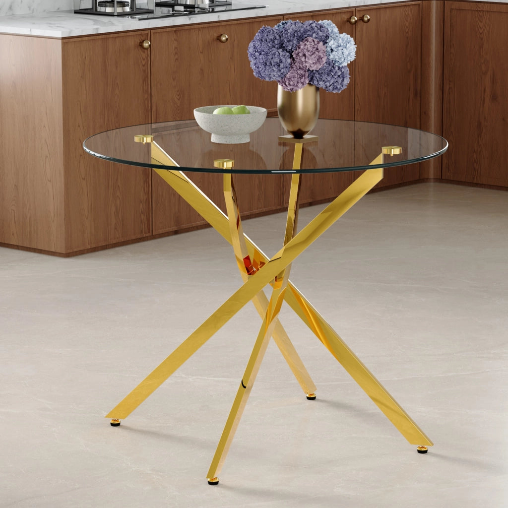 Tavolo da pranzo 2-4 posti con piano in vetro e base metallica - per cucina - Ø88 cm - oro