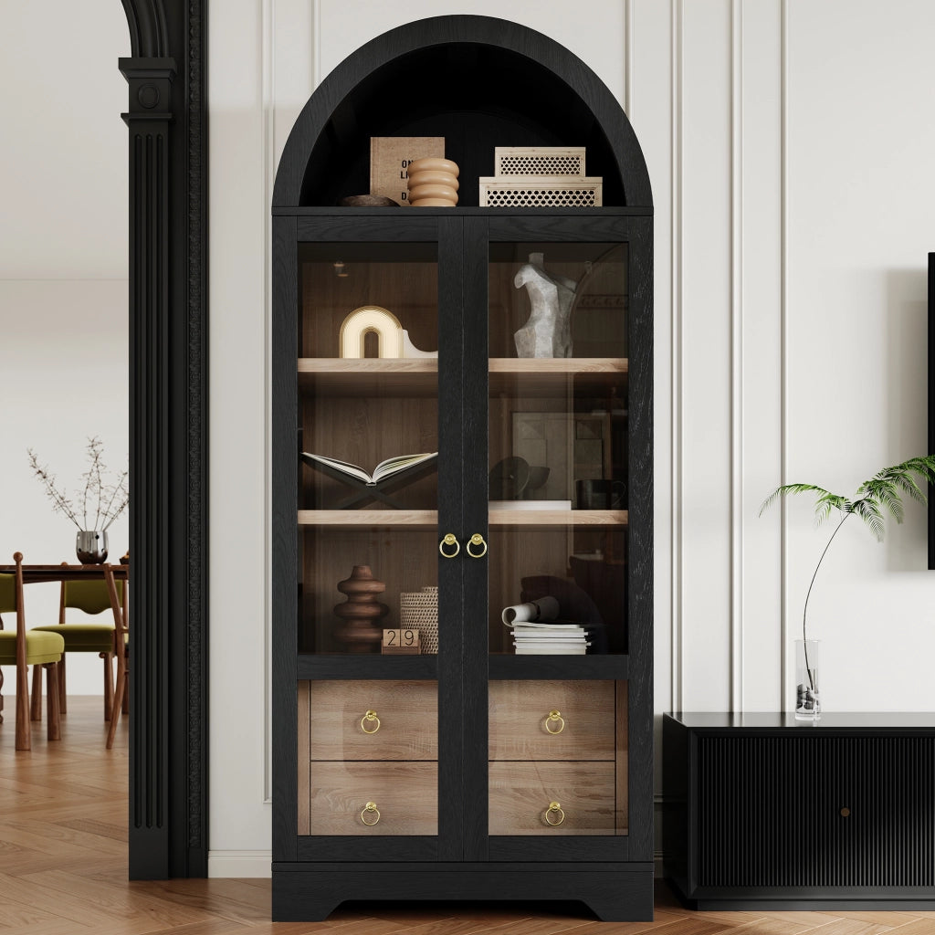 Credenza alta con 2 cassetti; ripiani regolabili e vetro - per cucina - 76.2×40.1×180 cm - nero
