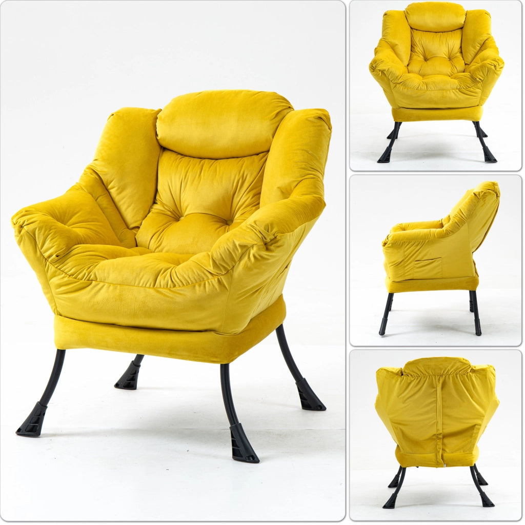Poltrona relax 65x81x95 cm gialla con struttura in metallo e tasca laterale