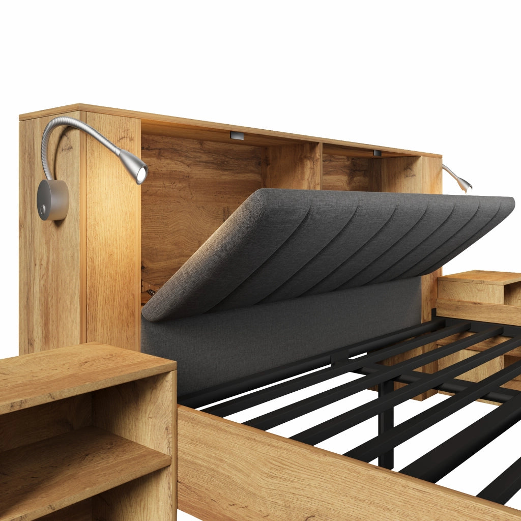 Letto matrimoniale 160x200 cm in legno effetto rovere con testiera reclinabile, lampade USB, comodini, panca contenitore e materasso