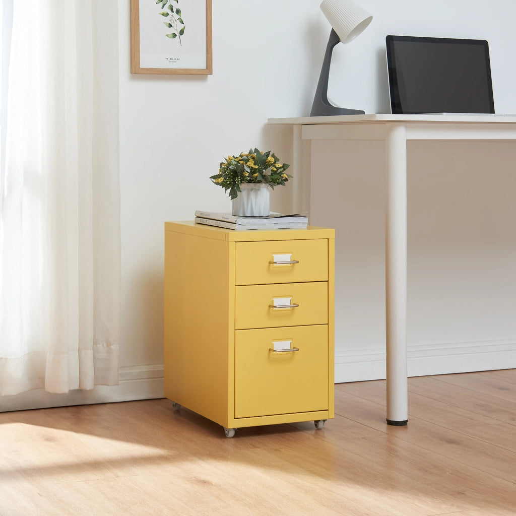 Cassettiera Kökar in Acciaio Mobile Archivio con 3 Cassetti e Rotelle - Giallo [en.casa]