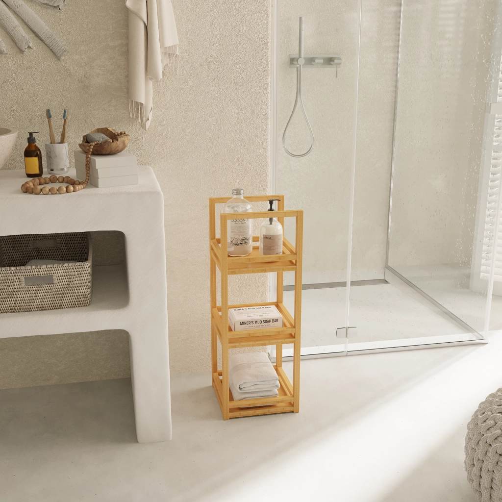 SCAFFALE BAGNO 70x26x26 cm Bamboo Naturale a 3 Ripiani