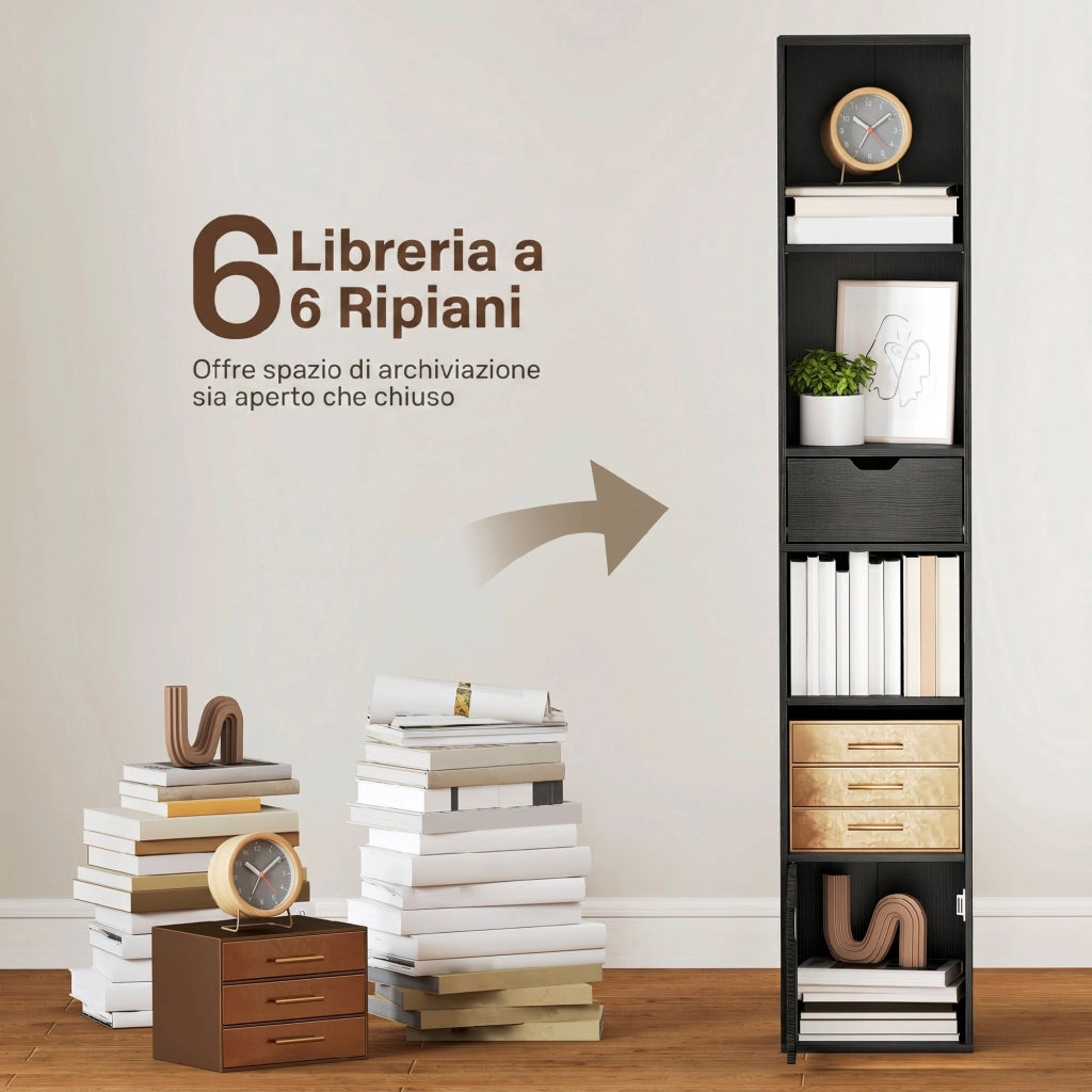 Libreria 30x24x158 cm a 4 Ripiani Aperti con Armadietto e Cassetto Nero