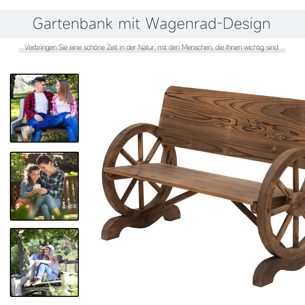 Panca da giardino rustica in legno massiccio con braccioli a design ruota, 2 posti, marrone scuro