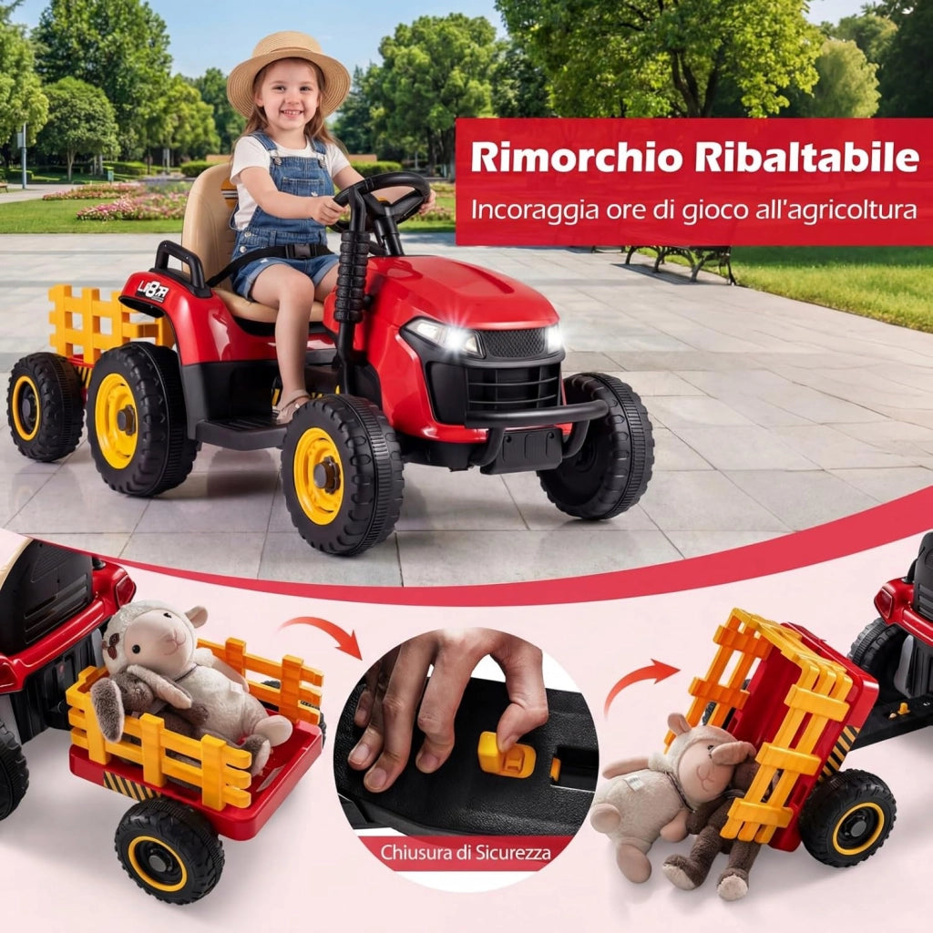 24V Trattore Elettrico per Bambini, Macchina Cavalcabile con Telecomando, Clacson Musica, Connessione Wireless e Fari a LED, per Bambini 3 Anni+ (Rosso)