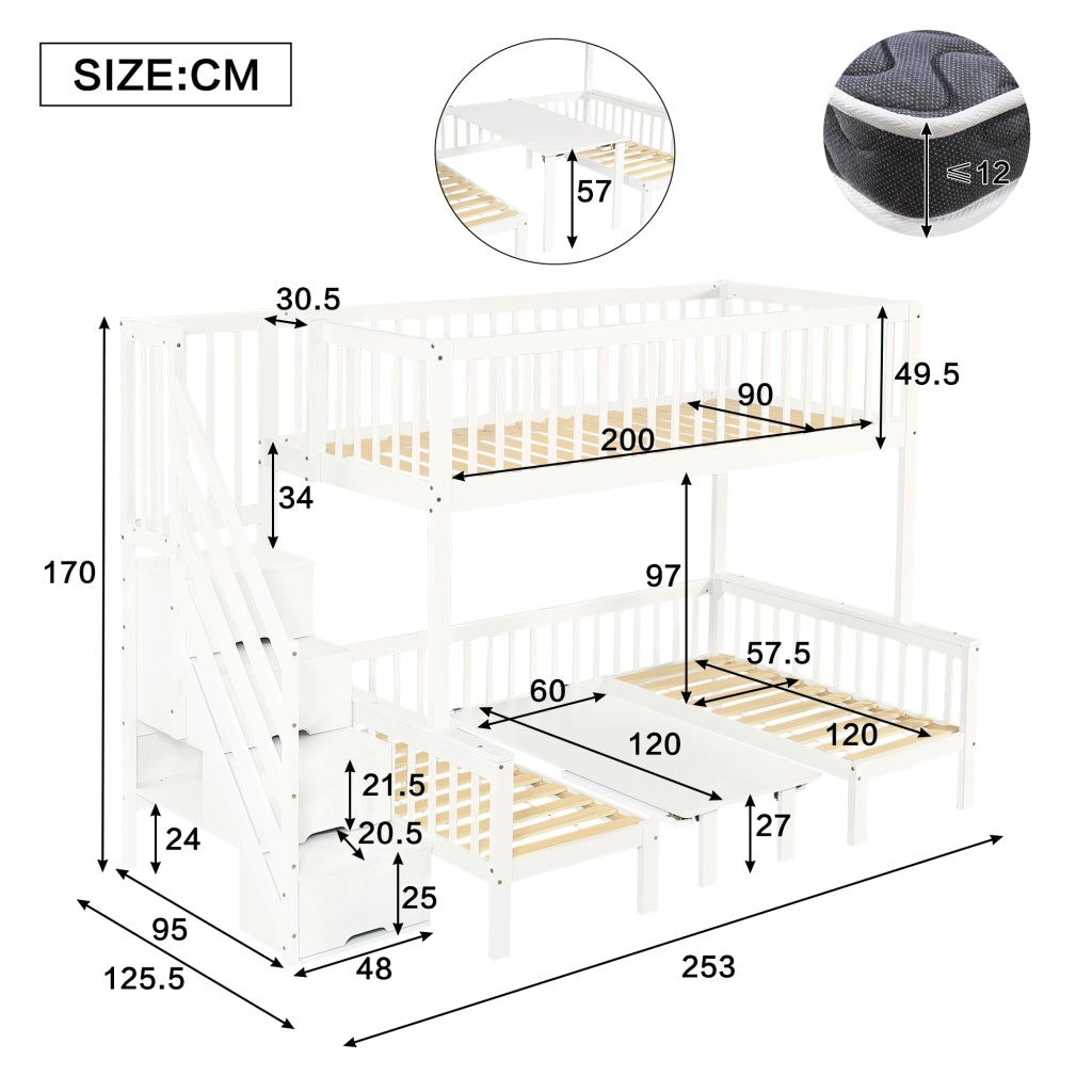 Letto a Castello 90x200 cm e 120x200 cm; con Tavolo Regolabile; Scala Contenitore e Sponda; Bianco