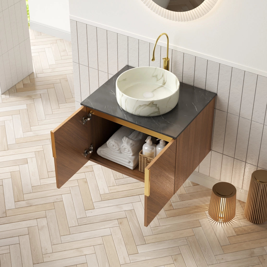 Mobile sottolavabo con 2 ante e lavabo in ceramica, piano in pietra sinterizzata, effetto rovere, per bagno, 61 cm
