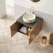 Mobile sottolavabo con 2 ante e lavabo in ceramica, piano in pietra sinterizzata, effetto rovere, per bagno, 61 cm