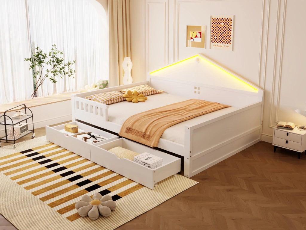DESMIU Letto divano 2 posti con 2 cassetti e LED regolabile 140 × 200 cm, senza materasso, in legno massello e MDF, bianco