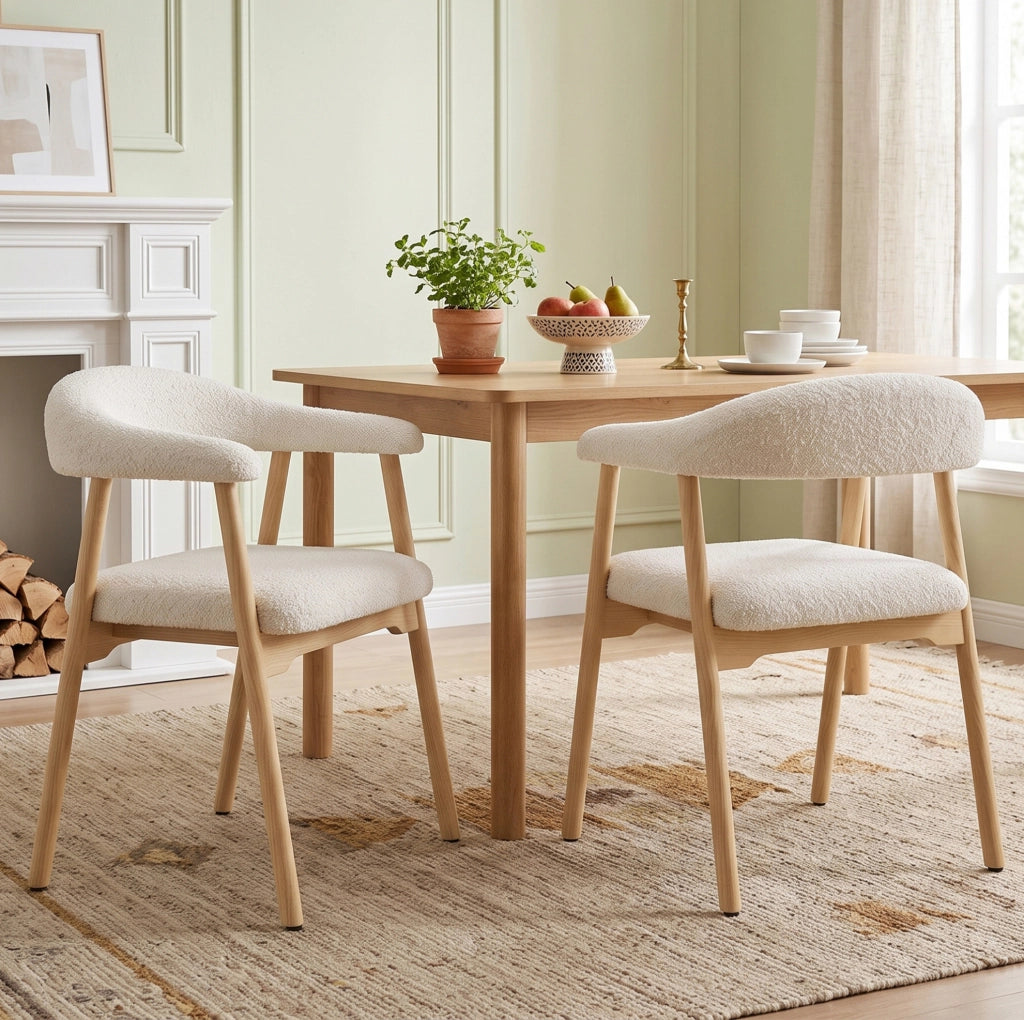 Set di 2 sedie da pranzo 78.99x58.5x29.11 cm con schienale ergonomico C in bouclé; legno naturale