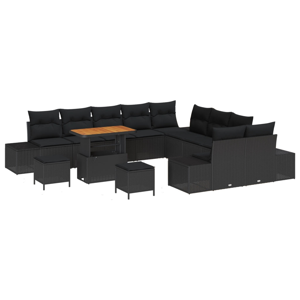 Set Divano da Giardino da 13 pezzi con Cuscini Nero Polyrattan Acacia