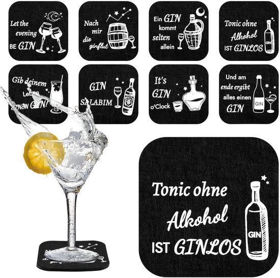 Vetrini sottopiano con ginsprezzi, 8 pezzi sottopiano per bicchieri, sottopiano per bicchieri con ginsprezzi, resistente al calore, lavabile per bevande, bar, tazze, bicchieri, amanti del gin e bevitori di gin (10 x 10 cm)