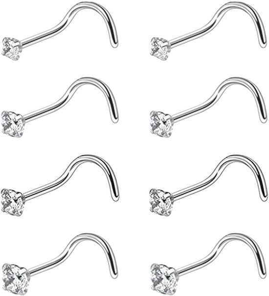 Piercing per naso curvo - 8 pezzi - Acciaio inossidabile - Ossidiana di zirconio - Gioiello elegante - Adatto per ogni occasione
