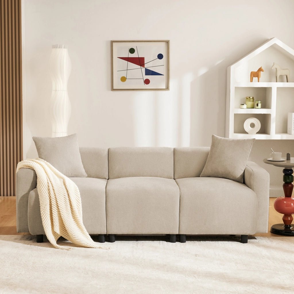 Divano a 3 posti in chenille beige; 211 cm