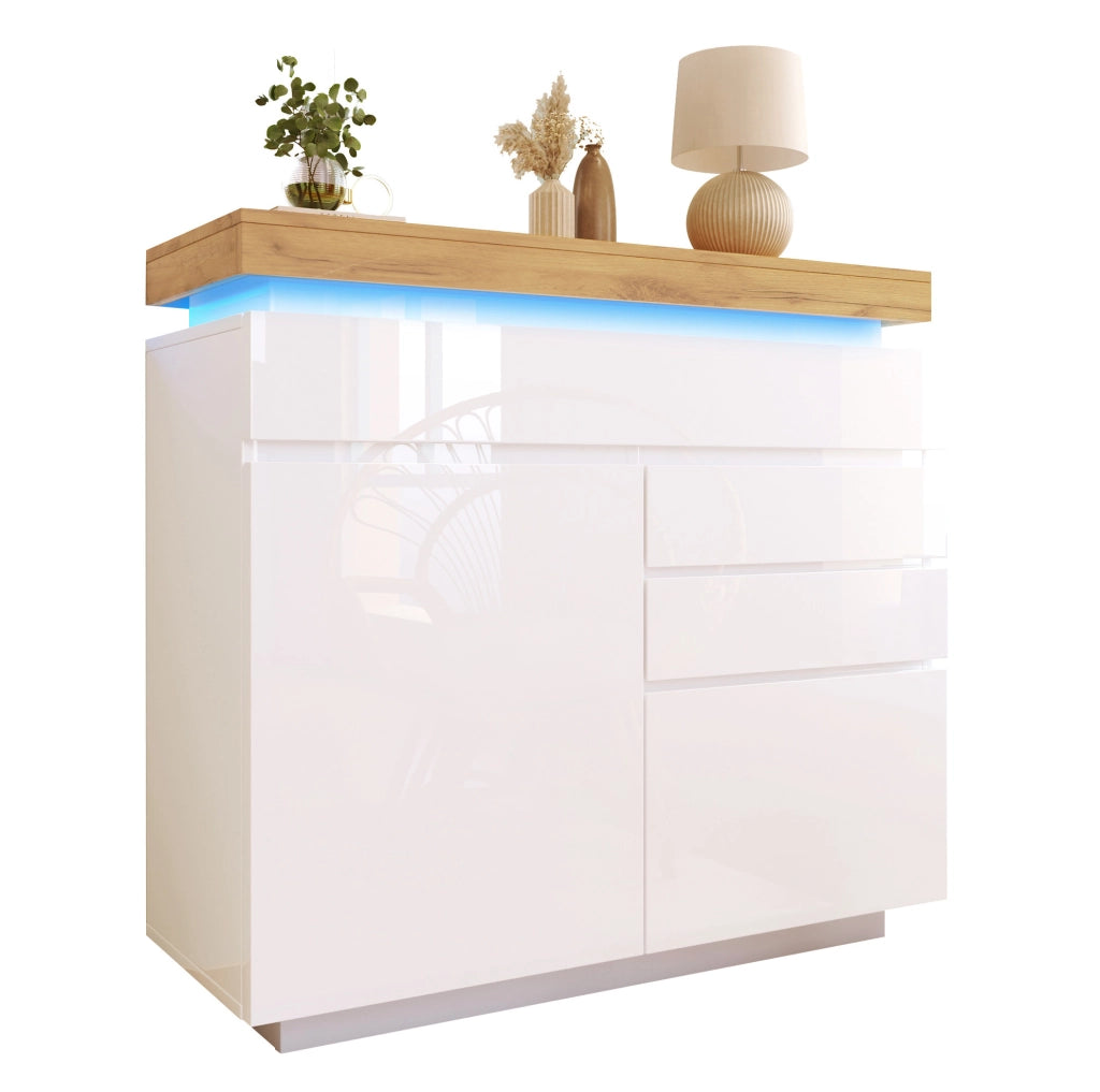Sideboard lucido bianco con LED; 115 x 110 x 39 cm; in truciolare e MDF