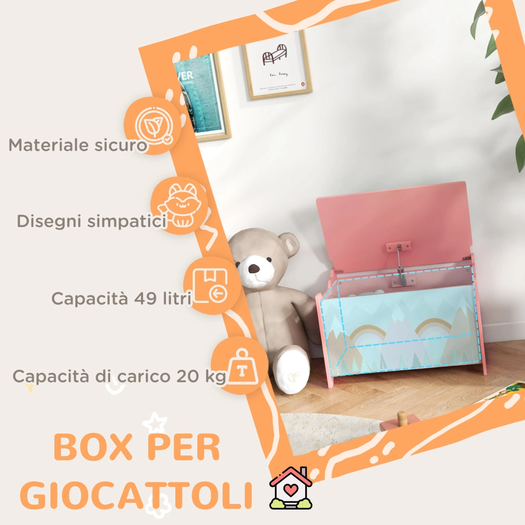 EasyComfort Baule Portagiochi per Bambini con Coperchio e Cerniera di Sicurezza in MDF, 60x37x39cm, Rosa