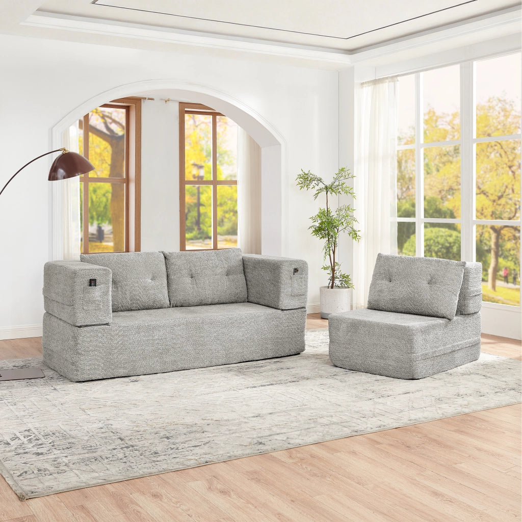 Divano modulare 2 posti con poltrona; funzione letto e tasche laterali in tessuto grigio chiaro 199×194×39 cm