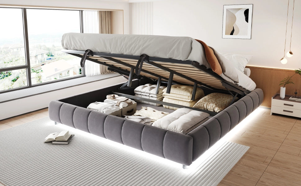 DESMIU Letto contenitore 180 × 200 cm con LED, apertura idraulica, senza materasso, grigio