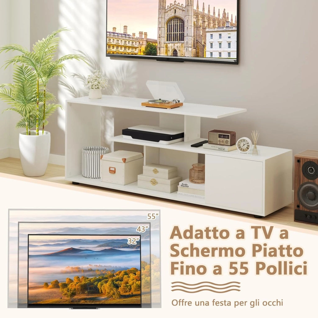 Mobile Porta TV, per TV Fino a 55'', Console Media a 3 Ripiani Asimmetrici con Ripiani di Stoccaggio e Armadietto, Mobile TV con Cassetto, 5 Gambe di Supporto (Bianco)