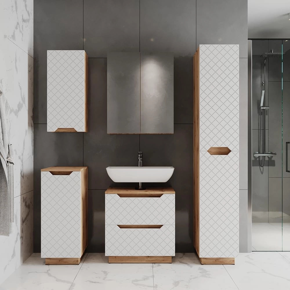 Set di mobili da bagno Lotta, Rovere/bianco con struttura in piastrelle, 3 parti