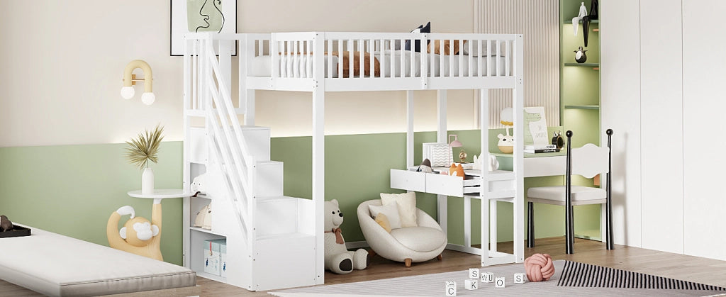 Letto a soppalco 90x200 cm con tavolo multifunzione in legno bianco