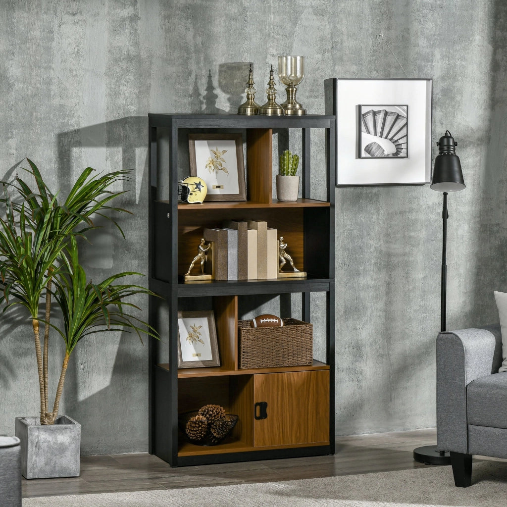 Mobile Libreria  4 Livelli Aperti con Armadietto 76.5x30x150 cm in Truciolato e MDF Marrone e Nero