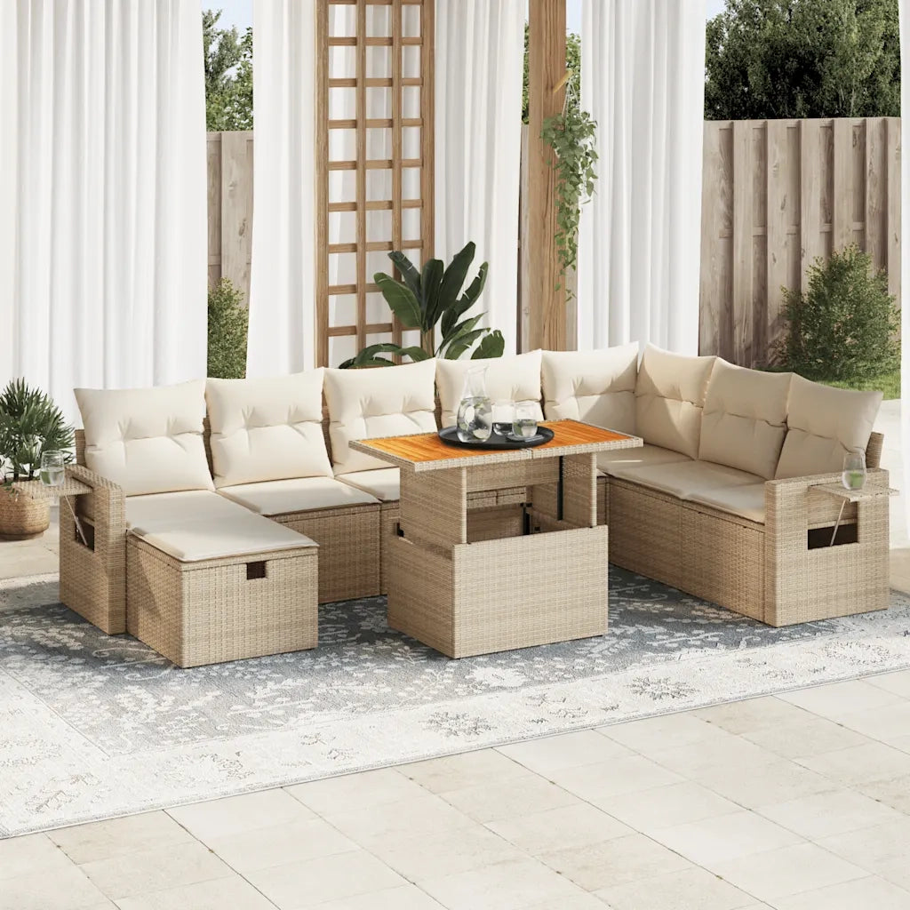 Set Divano da Giardino 9 pz con Cuscini Beige Polyrattan Acacia 3328045