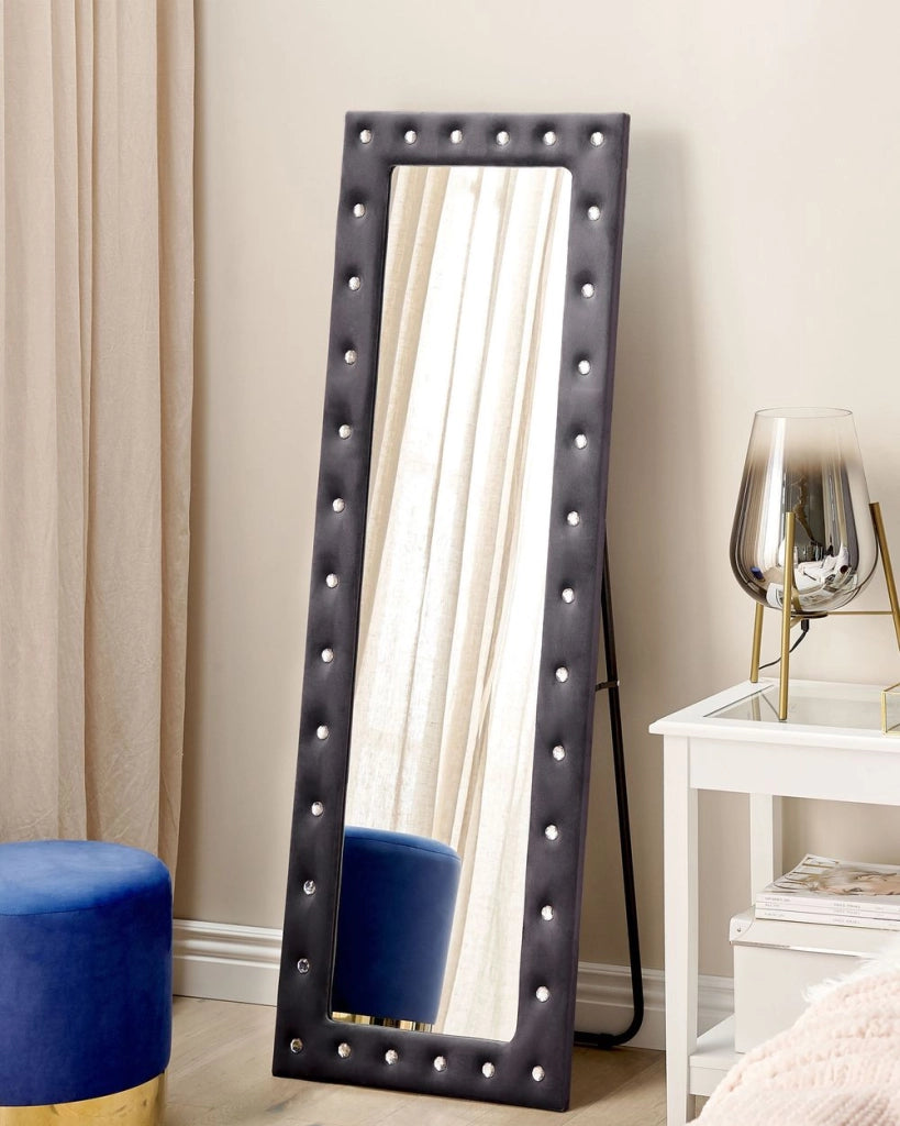 Specchio da terra in velluto grigio 50 x 150 cm cornice decorativa strass con supporto glamour da terra sospeso per armadio camera da letto soggiorno