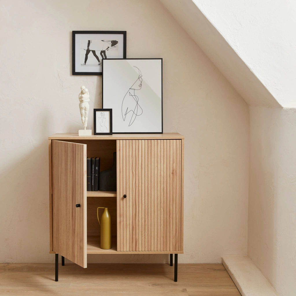 Credenza scanalate effetto legno a 2 ante, 83.5cm, marrone naturale