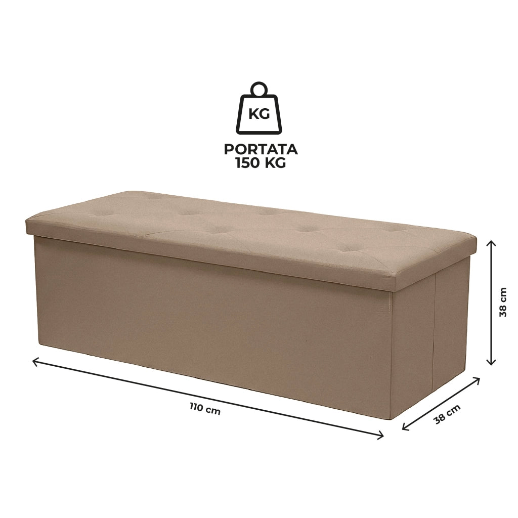 Panca Contenitore XXL 110 cm con Seduta Imbottita e Vano Salvaspazio, Pouf Contenitore Effetto Lino, Portata 150 kg, Cassapanca Pieghevole Dove