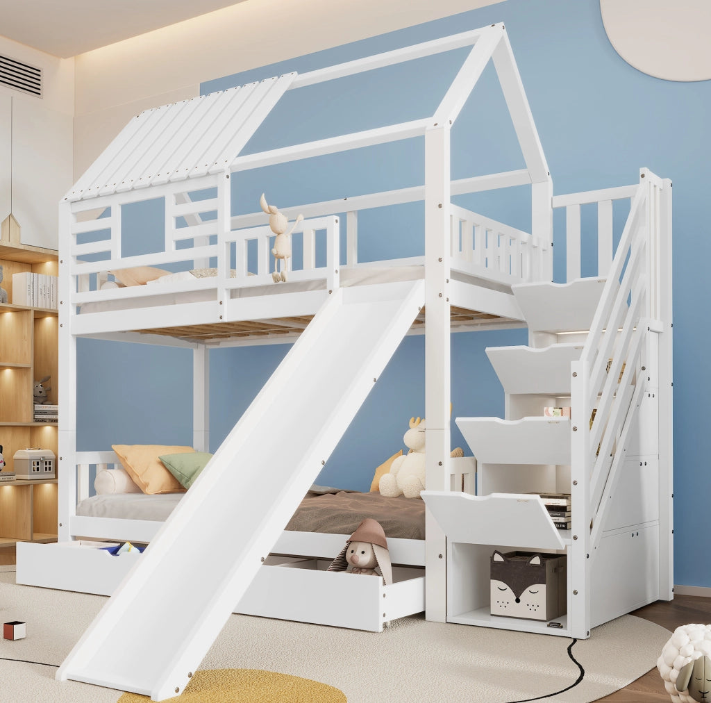 Letto a castello a forma di casetta con scivolo, scala con contenitore e cassetti