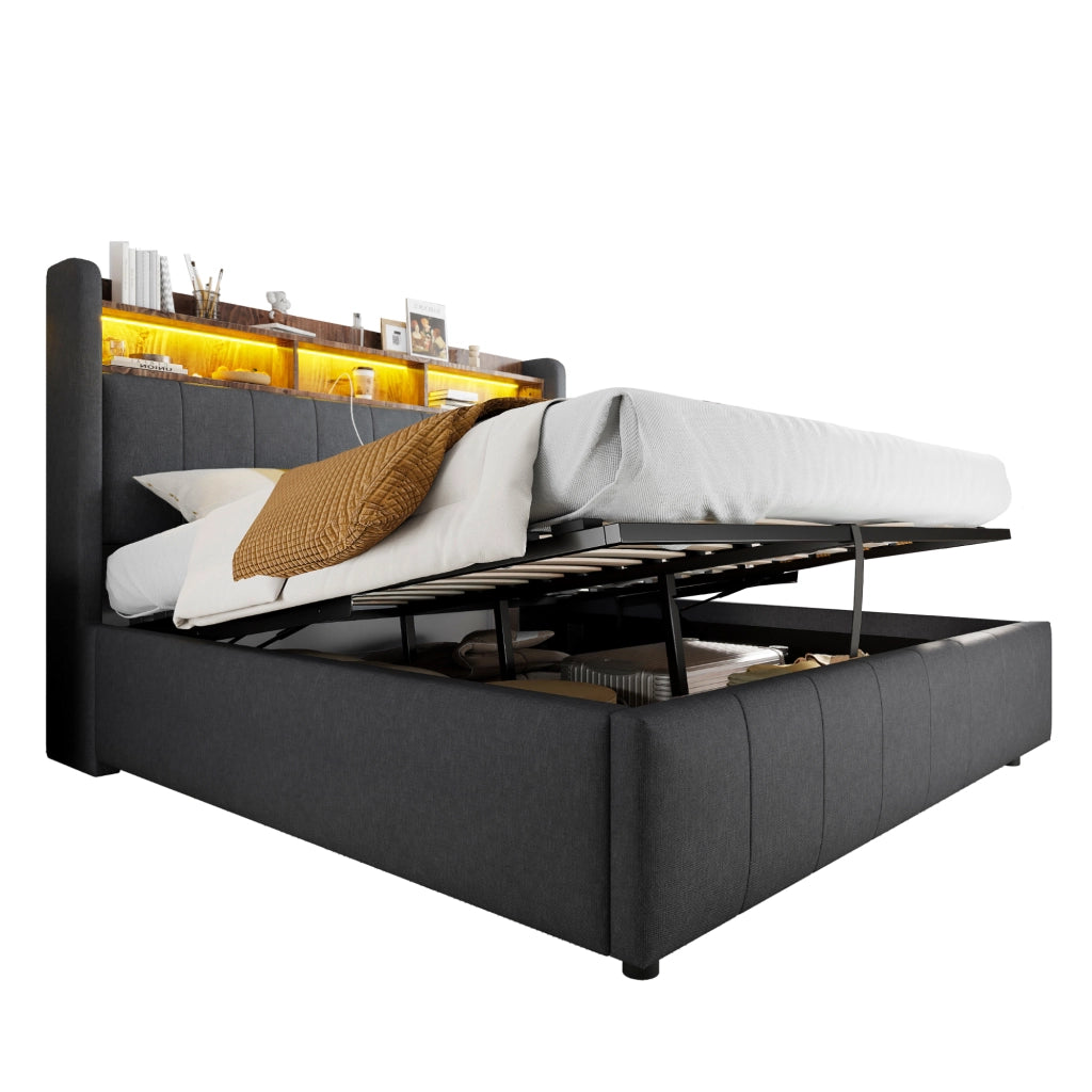 Letto imbottito 160x200 cm con LED variabili, porta USB e Type-C, contenitore idraulico e struttura in metallo, grigio